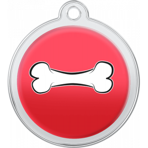 Bone Design Red Tag Red round stainless steel dog tag, 30mm x 33mm, with white bone design and top hole for secure collar attachment.