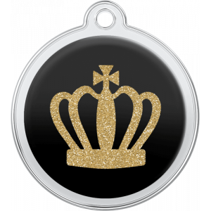 Black round stainless steel dog tag, 30mm x 33mm, with a glittery gold crown design and top hole for attaching to collar.