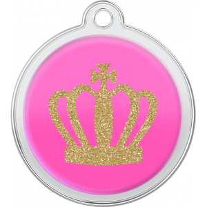 Pink round stainless steel dog tag, 30mm x 33mm, with glittery gold crown design and top hole for secure collar attachment.
