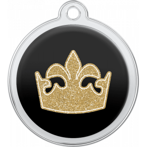 Queen Crown Design Black Black round stainless steel dog tag, 30mm x 33mm, with glittery gold queen crown design and top hole for collar attachment.