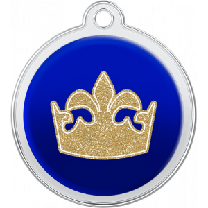 Queen Crown Design Blue Blue round stainless steel dog tag, 30mm x 33mm, with gold glitter queen crown design and top hole for collar attachment.