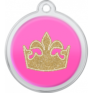 Pink round stainless steel dog tag, 30mm x 33mm, with gold glitter queen crown design and top hole for collar attachment.