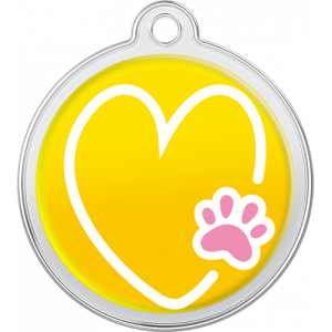 Yellow round stainless steel dog tag, 30mm x 33mm, with white heart and pink paw print design, hole for collar attachment.