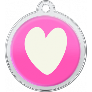 Pink round stainless steel dog tag, 30mm x 33mm, with large white heart design and top hole for collar attachment.