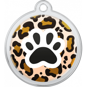 Leopard print round stainless steel dog tag, 30mm x 33mm, with black paw print, and top hole for collar attachment.