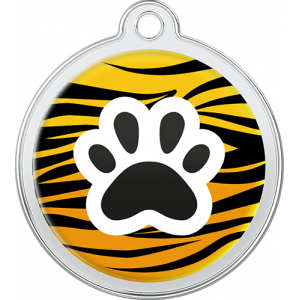 Tiger print round stainless steel dog tag, 30mm x 33mm, with black paw print, and top hole for collar attachment.