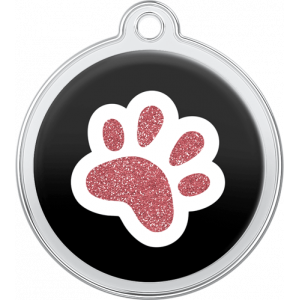 Black round stainless steel dog tag, 30mm x 33mm, with glittery pink paw print, and top hole for easy collar attachment.