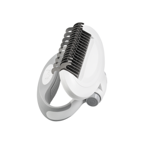 White dematting comb with curved stainless steel teeth and rotating grey handle, ideal for removing mats and loose hair.