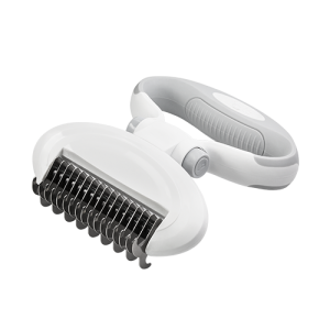 Pet undercoat rake with detachable grey handle and metal teeth, perfect for grooming dogs and cats with medium to long coats.