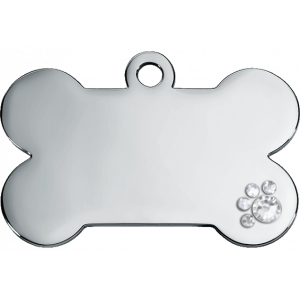 Luxury Bone Silver Dog Tag Luxury silver bone dog tag with crystal paw detail, stainless steel, engraved both sides with name, address and contact info.